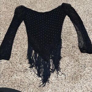 Black Crochet Fringe Sweater Mesh